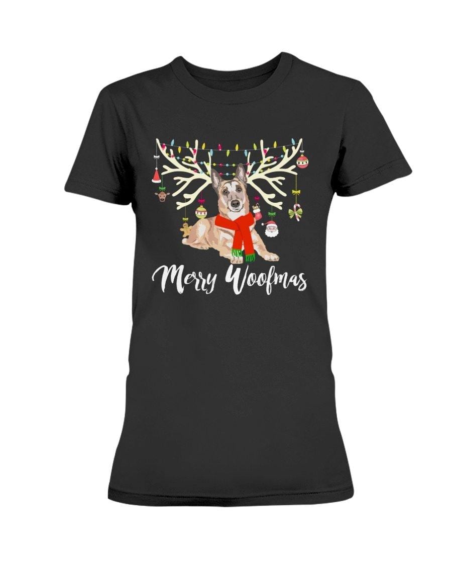 Belgian Malinois Reindeer Merry Woofmas Premium Women&#39;s Tee Shirts Black / S