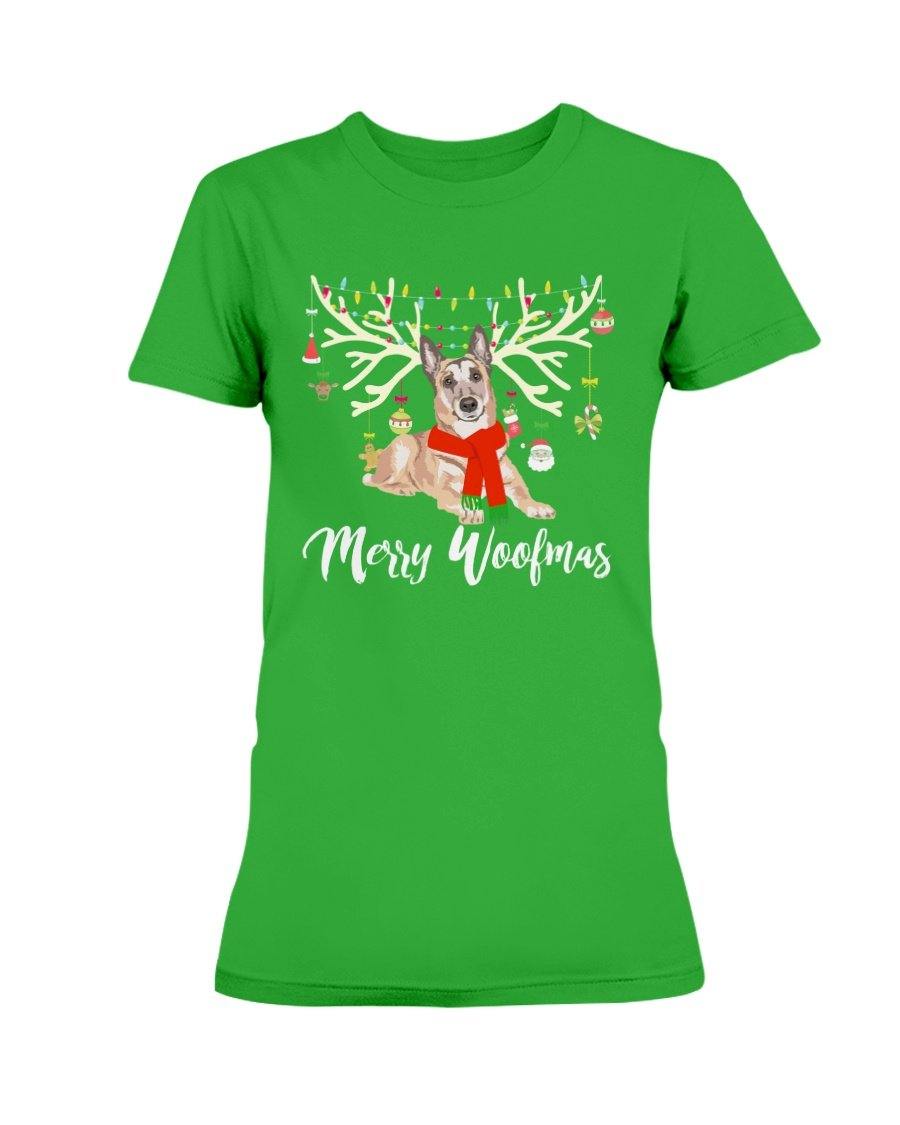 Belgian Malinois Reindeer Merry Woofmas Premium Women&#39;s Tee Shirts Irish Green / S