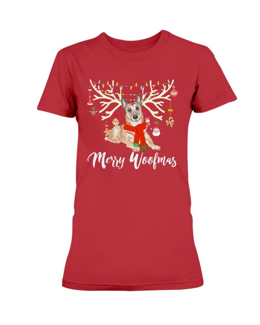 Belgian Malinois Reindeer Merry Woofmas Premium Women&#39;s Tee Shirts Red / S